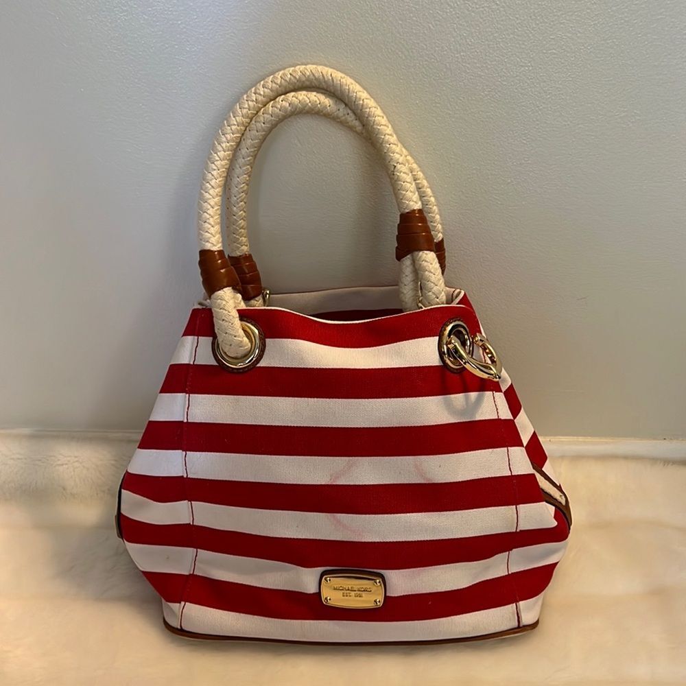 Michael Kors Nautical Hobo Bag Red & White w/Gold - Picture 6 of 16